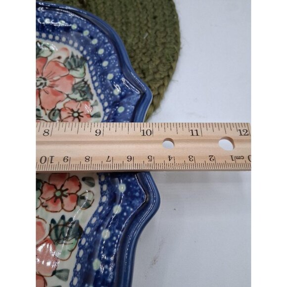 Handmade Polish Pottery Floral Square Plate 10" Scalloped Edge Blue & Coral Flow - Picture 5 of 5